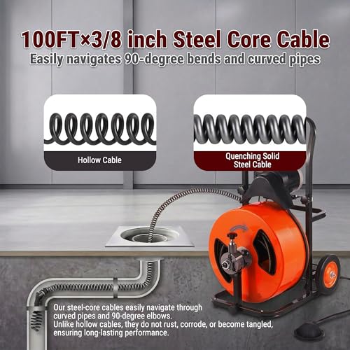 HoldwellS 100FT 3/8 Inch Drain Cleaner Machine, Upgraded Electric Feed Sewer Snake, Wheeled Telescopic Portable Drain Cleaner with 4 Cutters & Air-Activated Foot Switch for 2" to 4" Pipes - color: 100FT x 3/8inch (Auto Feed)