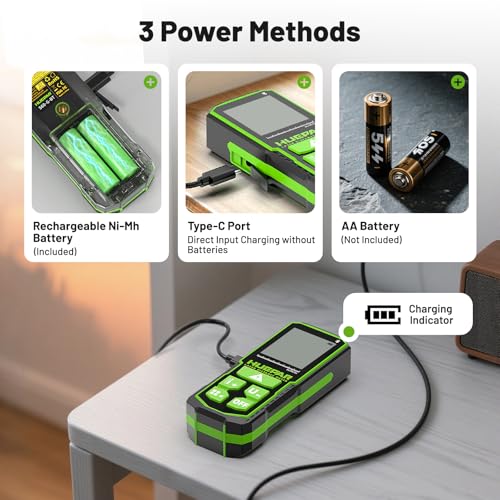 Huepar Professional Green Laser Measuring Tool 196ft, Digital Rechargeable Laser Distance Meter with Angle Sensor, 1/16in Accuracy, M/in/Ft Unit, Pythagorean Mode, Measure Distance, Area, Volume