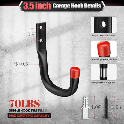 Nacial 20 Pack Heavy Duty Garage Hooks, 9.8" & 3.5" Wall Hooks with EVA Pad - size: 20