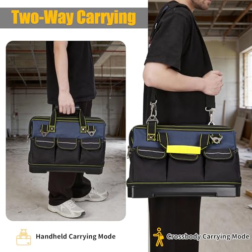 Garvee Heavy Duty 19 Inch Tool Bag with Waterproof Plastic Molded Base, Oxford Fabric Wide Mouth Tool Tote Organizer with Adjustable Shoulder Strap, for Men Mechanic Contractor, Blue