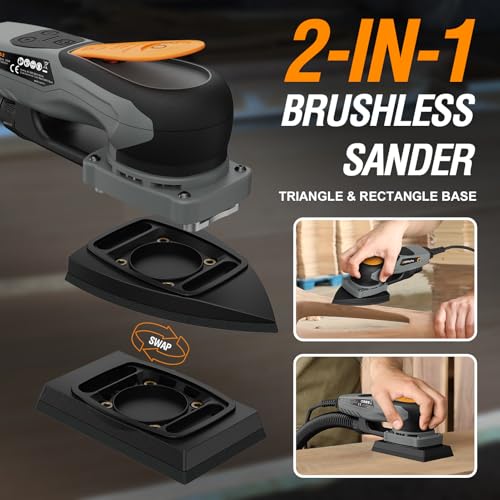 2-in-1 Detail Sander & Palm Sander, Brushless Electric Orbital Sander with 4000-10000 OPM, Dust Collection, 20PCS Sandpapers for Woodworking & Tight Spaces, Ergonomic Symmetrical Design