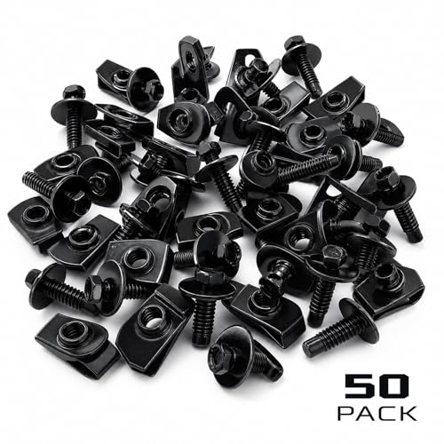 100PCS Automotive Body Bolt & U Nut Kit, M6-1.0 Hex Head Screws with Extruded U-Nuts Clips, Fender Liner, Splash Shield, Engine Under Cover, Bumper & Hood Fastener Assortment (50 Sets) - color: Black M6 x 1.0