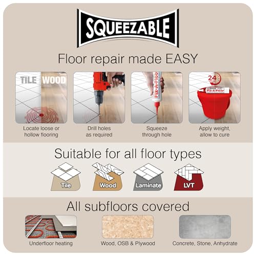 The Original Fix-A-Floor Squeezy All-in-One Repair Adhesive for Loose, Hollow, Creaky Tiles & Wood. Just Drill & Fill! Easy Squeezy! Made in The USA!