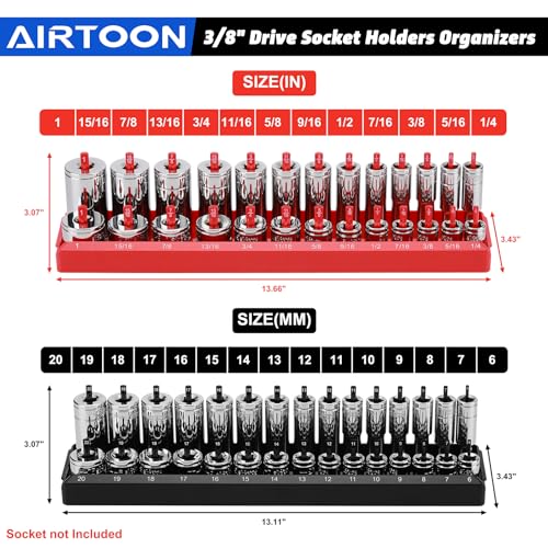 8-Piece Socket Organizer Trays, SAE and Metric Socket Tray Set, 1/4", 3/8", and 1/2" Drive Deep and Standard Socket Holders Organizers for Toolbox, Black & Red - size: 8PCS METRIC&SAE