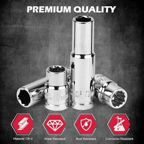 12-Piece 1/4" & 3/8" Drive 10mm Socket Set with 3-inch 3/8 & 1/4 Extension Bars | Deep & Shallow Mirror Finish Socket Set | Magnetic Storage Rail | Cr-V | 6 Point & 12 Point (13 Pack) - color: 12pcs 10mm Deep/Shallow +Mag Rail