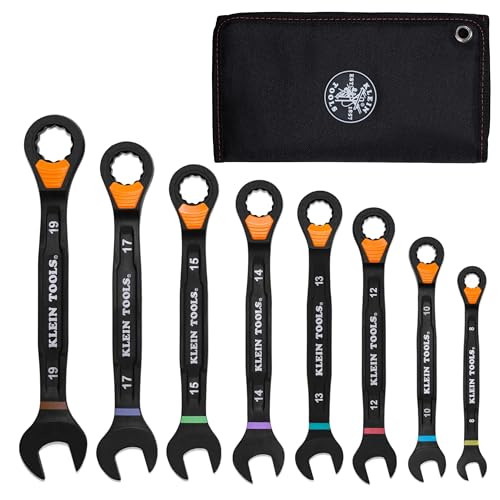 KLEIN TOOLS 69508M Metric Ratcheting Combination Wrench Set, 8-Piece, Slide-Lock 90-Tooth Ratchet, I-Beam Handle, Color-Coded Size Markings, Roll Pouch Storage - size: Slide Lock, Metric