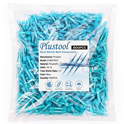 800PCS Blue Heat Shrink Butt Connectors AWG16-14, Plustool Marine Grade Electrical Wire Connectors, Tinned Red Copper 0.8mm, Insulated Waterproof Crimp Terminals Butt Splice for Cable,Boat,Wiring - color: Blue 800PCS
