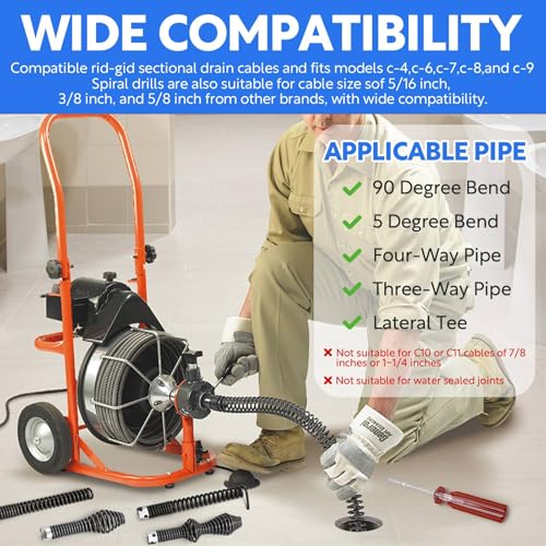 10-Piece Drain Snake Drill Attachment Kit，Drain Auger Cutter Kit,Compatible with K-400,C-4,C-6,C-7,C-8,and C-9 Models， Includes 4 Cutters and 5 Spirals
