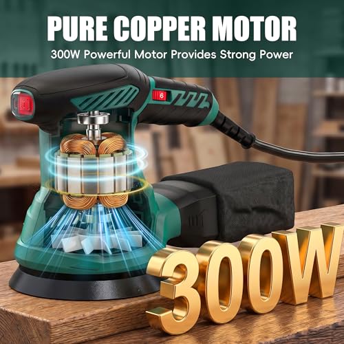 HYCHIKA 5-Inch Random Orbital Sander, 13000RPM Electric Palm Sander with 6 Variable Speeds, Powerful Motor, 12PCS Sandpapers and Efficient Dust Collection Bag, for Woodworking, Finishing and Polishing