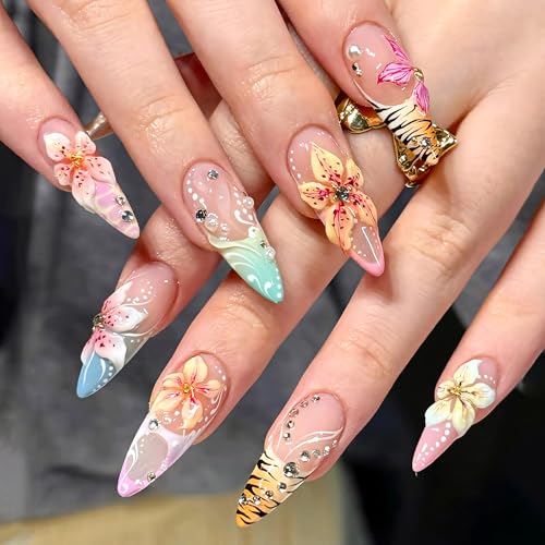 Summer Press On Nails Medium Almond with French Tip Flower Rhinestones - color: Style18