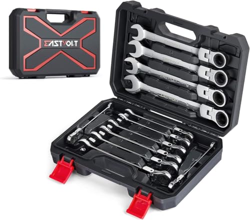 Eastvolt 12-Piece Flex-Head Ratcheting Wrench Set, Metric 8mm-19mm, Combination Ended Spanner kits, Chrome Vanadium Steel with Toolbox, EVHT1201 (Pack of 5) - size: Wrench set (Pack of 5)