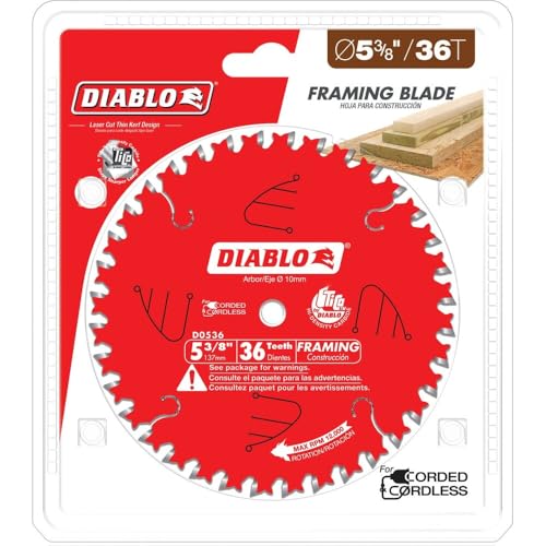Diablo Finish Trim Saw Blade - 5-3/8" Diameter, 36 ATB Teeth, 10mm Arbor | Ideal for Portable and Low Powered Saws - .049" Kerf, 2Â° Hook Angle, 12000 Max RPM - D0536X