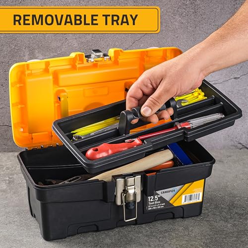 CANOPUS Plastic Toolbox, 12.5-inch Portable Tool Box with Metallic Clutch, Tool Organizer with Extra Storage Tray for Home Tools, Nails and Pins, Black-Yellow