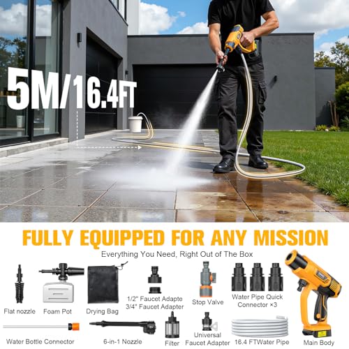 DIYtoolifz Cleaning Tool Compatible with DeWalt 20V Battery, 2.2LBS, with 16.4ft Hose & 6-in-1 Nozzle + Attachment for Car, Patio, Fence (Battery not Included, Tool Only) - color: Yellow