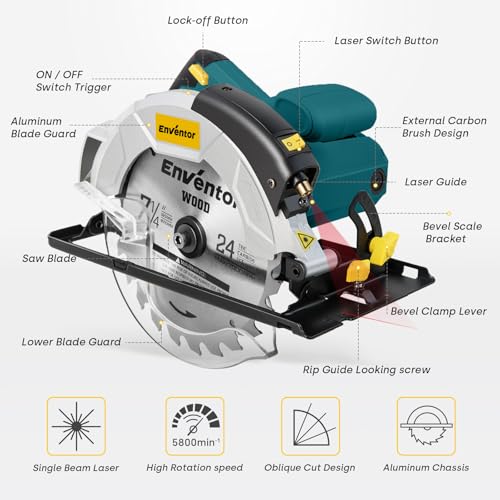 Enventor Circular Saw with Laser Guide, 2 Blades 7-1/4", 10A Corded Motor
