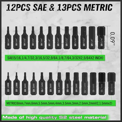 SWANLAKE 26-Piece Hex Head Allen Wrench Drill Bit Set, 1/4Hex Shank Quick Change Bit Holder, Metric and SAE S2 Steel Hex Bits Set - style: Classic Version