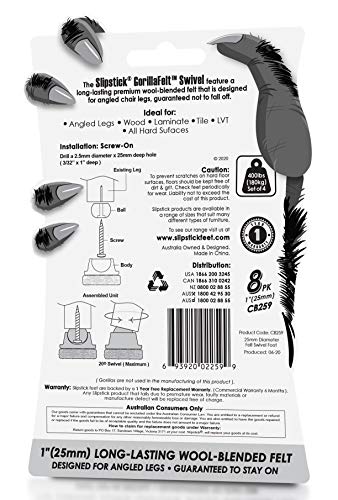GorillaFelt CB259 Swivel Glide Felt Floor Protectors (8 Chair Protectors) Screw On Felt Furniture Sliders for Angled Chair Legs, 1 Inch Round Glides - size: Felt Glide 8 Pack
