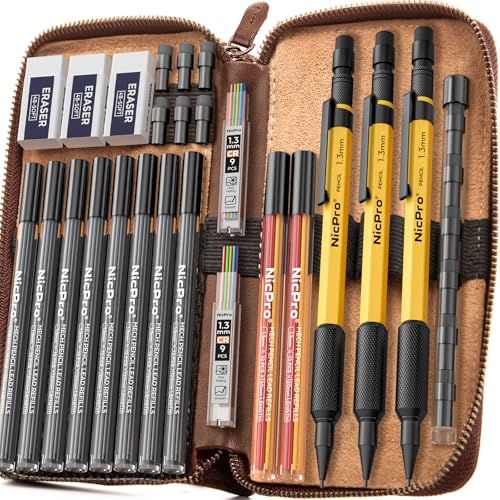 Nicpro 21PCS 1.3 mm Mechanical Pencil Set in Leathercase with 138 Lead - color: Yellow