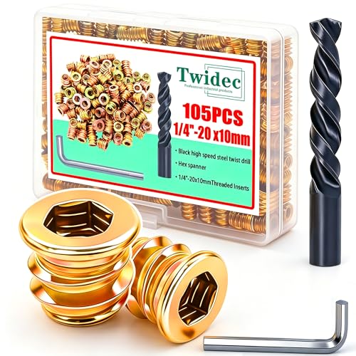 Twidec/105PCS 1/4"-20 Threaded Inserts for Wood Furniture Screw-in Nut Wood Inserts Bolt Assortment Kit with M6 Hex Wrench (1/4"-20 x10mm) N-059-1/4x10 - size: 1/4"-20 x 10mm (105 PCS)