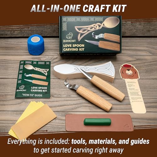 BeaverCraft Wood Spoon Carving Kit for Beginners DIY04 - Whittling Set Includes Spoon Carving Tools, Sloyd Whittling Knife Hook Knife, Basswood Blank - Woodworking Hobby Kit for Adults & Kids