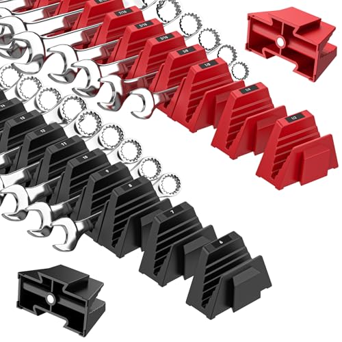PINOZE 48PCS Magnetic Modular Wrench Organizers for Tool Drawers - Black & Red - Wrench Rack with Metric & SAE Labels, Customizable Magnet Tool Storage Holder for Tool Box Organization