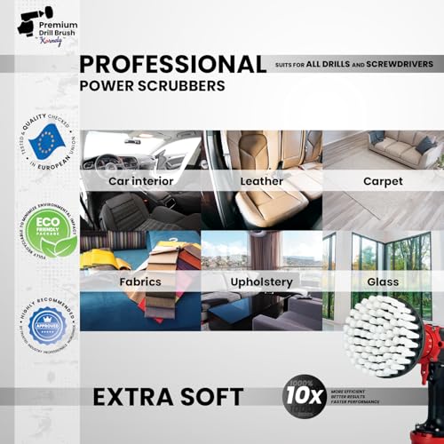 Premium Drill Brush Professional–Extra-Soft 5 pcs Set (5/4/3.5/2 in Brushes + 6 in Extension) | Scratch-Free Multi-Surface Cleaning for Carpet, Upholstery, Leather, Glass and Interior Detail - color: White