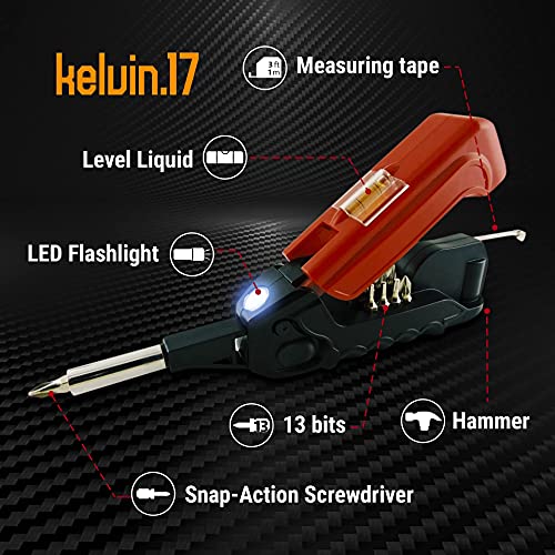 Kelvin Tools - Kelvin 17 Urban Screwdriver Set, All in One Everyday Multitool Screwdriver, Multi-Tip, Compact & Universal Precision, 13 Bit Set with Tape Measure, Liquid Level, Hammer and Flashlight - color: Blue