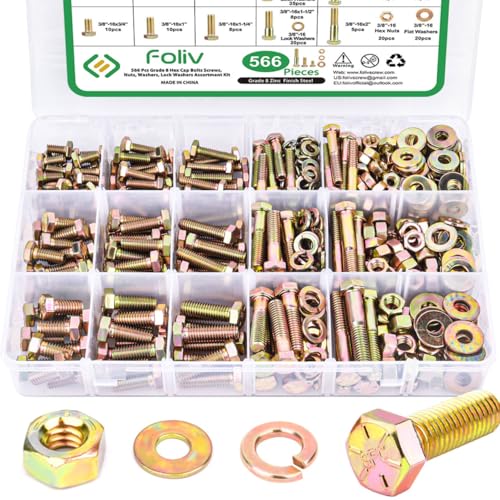 Foliv 566pcs Upgraded Grade 8 Bolt Assortment Kit, Including 1/4-20 5/16-18 3/8-16 Bolts Nuts Washers - size: 566pcs Grade 8 bolts 1/4-20 5/16-18 3/8-16