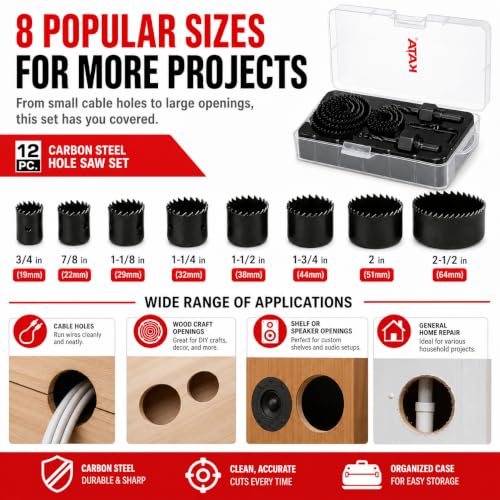 KATA 12-Pieces Hole Saw Kit 3/4"-2-1/2" for Soft Wood, Drywall, PVC in Case - color: 12PCS