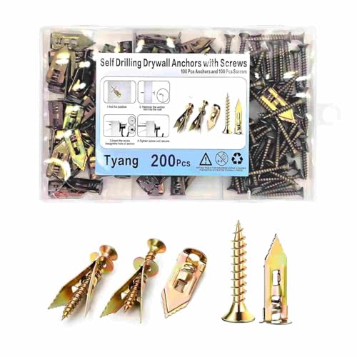 Drywall Self Drilling Anchors with Screws Kit, 200 PCS | 100 PCS Sheetrock Anchors (0.47X1.18inch), 100 PCS Screws, No Drilling or Punching Holes Needed