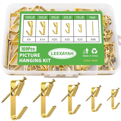 169 Picture Hanging Kit, 10-100lb Picture Hook Sets, Boxed 83 Metal Picture Hangers and 86 Nails, Suitable for Wooden Walls, Plasterboard Picture Hooks.