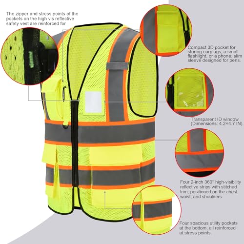A-SAFETY Mesh High Vis Vest, Reflective Construction Vest with Pockets - color: Yellow, size: Large