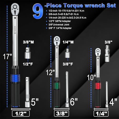 1/4 3/8 1/2 9PC Torque Wrench Set 20-220 In lb,5-45 &10-170 Ft lb,3 extension bar & 3 adapter,3% Accuracy,72 T,Chrome plated,anti-rust,no scratch & wear-resistant than Black,for DIY, bike,car & truck