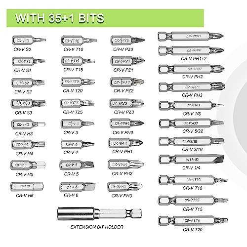 WORKPRO 4V Electric Screwdriver, Rechargeable Cordless Screwdriver Set with 35 Bits, Extension Rod, USB Charging Cable in Carrying Case, LED Light, Black Gray