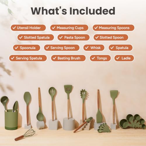 SMIRLY Silicone Kitchen Utensils Set, 22-Piece Acacia Wood Handle, Green - color: Green