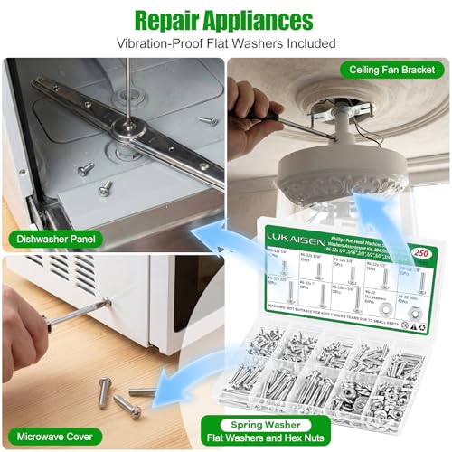 250 Pcs #6-32 Pan Head Machine Screws Nut Washer Bolt Kit,304 SS | Phillips Drive Full Thread Assorted, Includes #6-32 x 1/4"-1-1/4"Lengths for Electrical Outlet Switch Plate, Storage Box - size: SS 250Pcs #6-32（1/4" to 1-1/4" ） Pan