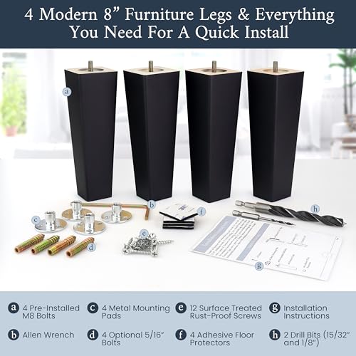 Airy Abode Premium Black Square Furniture Legs (Full Install Kit) - Pick Your Size and Color - color: Black, size: 8 Inches