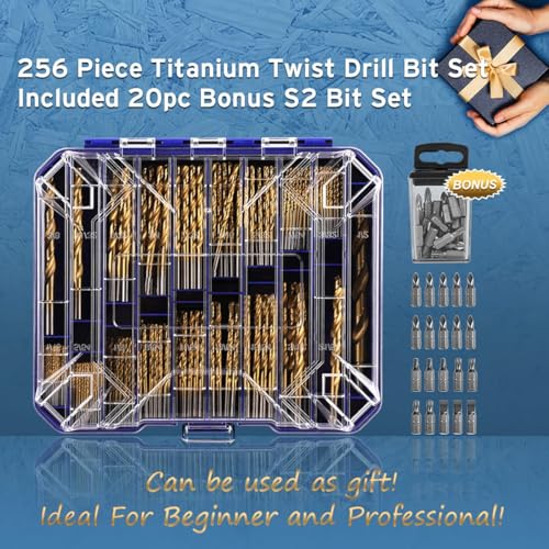 276pc Titanium Twist Drill Bit Set with S2 Bits 135° Tip High Speed Steel, Size from 1/16" up to 1/2", Ideal in Wood Cast Iron Aluminum Alloy Plastic Fiberglass, Clear Lid Case - size: 276 Piece Twist Drill Bits Set 135°