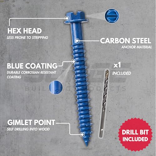 1/4" x 6" Hex Head Blue Concrete Screws with Drill Bit (Box of 100) - size: 1/4" x 6"