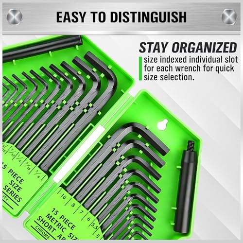 SWANLAKE GARDEN TOOLS 32-Piece Hex Key Allen Wrench Set, SAE and Metric Allen Keys MM(0.7mm-10mm) SAE(0.028"-3/8), L Shape, Chrome Vanadium Steel, Easy Organization - style: 32pcs Standard Set