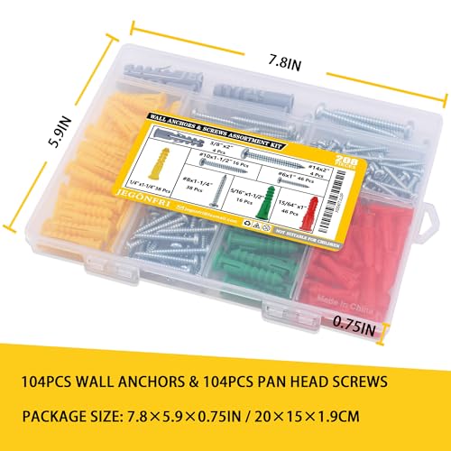 JEGONFRI 208PCS Drywall Anchors & Screws Kit, 4 Sizes, Wall Anchors