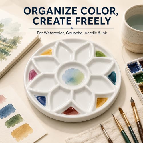 7 Inch Ceramic Watercolor Palette, Round White Flower Paint Tray