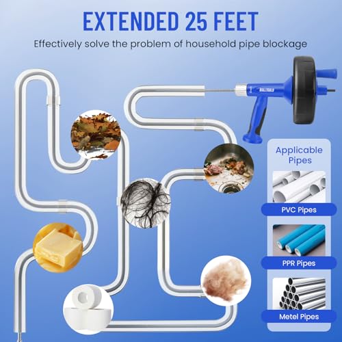 BULLTOOLS Drain Snake, 25FT Drain Auger with Drill Adapter, Flexible Snake Drain Hair Removal Tool for Kitchen Sink, Bathtub, and Shower Comes with Gloves and Storage Bag