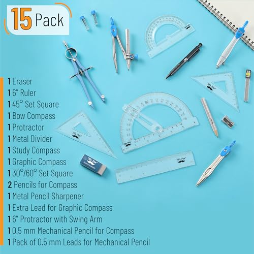 Mr. Pen- Geometry Set, 15 pcs, Blue, 6 Inch Swing Arm Protractor, Divider - color: Blue