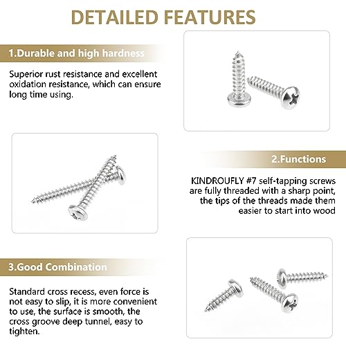 147 Pieces #7 x 1/2" 5/8" 3/4" 1" 1-1/4" Phillips Pan Head Self-Tapping Screws, Wood Screws Assortment Kit, 304 Stainless Steel - size: #7