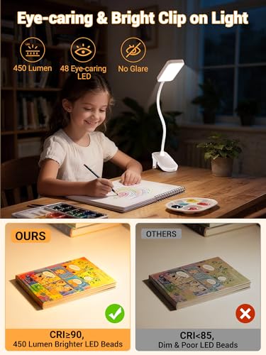 Clip on Lamp, 9 Brightness+5 Colors Reading Lights for Books in Bed Lamp - color: White