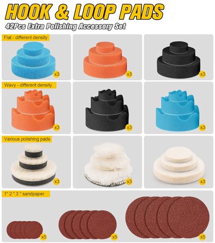SI FANG 1'' 2'' 3'' Mini Random Orbital Air Sander Kit, Pneumatic Polisher | High Speed Small DA Sanders for Auto Body Work, Includes 27Pcs 1/2/3in Polishing Sponge & Wool Pads, 15Pcs Sandpapers (Black) - style: 1"2"3" Buffer&Sander Kit