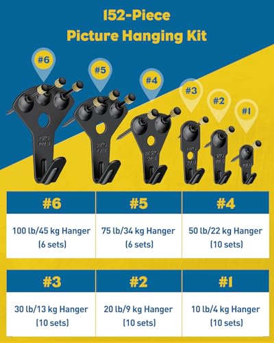 Uniclife 152 Pcs Picture Hanging Kit, 10 lb, 20 lb, 30 lb, 50 lb, 75 lb, 100 lb Heavy Duty Picture Hangers for Drywall & Wood, Picture Hanging Hooks for Hanging Photos Mirrors Paintings,Black - size: 152 Pcs, style: Black