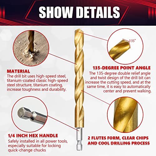 30 Pcs Impact Twist Drill Bit Set，1/16"-1/2" Hex Shank Hss Titanium Drill Bits，Fit for Metal/Wood/Plastic Sink