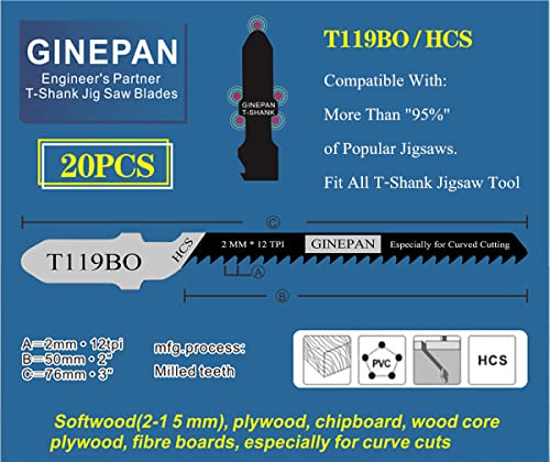 Jigsaw Blades T Shank 20PCS T119BO with Storage Case | Compatible with Bosch Dewalt Black and Decker Jig Saw Blades Set for Wood, 3 in. 12 TPI Curved & Scrolling Fast Cuts - style: T119BO-20